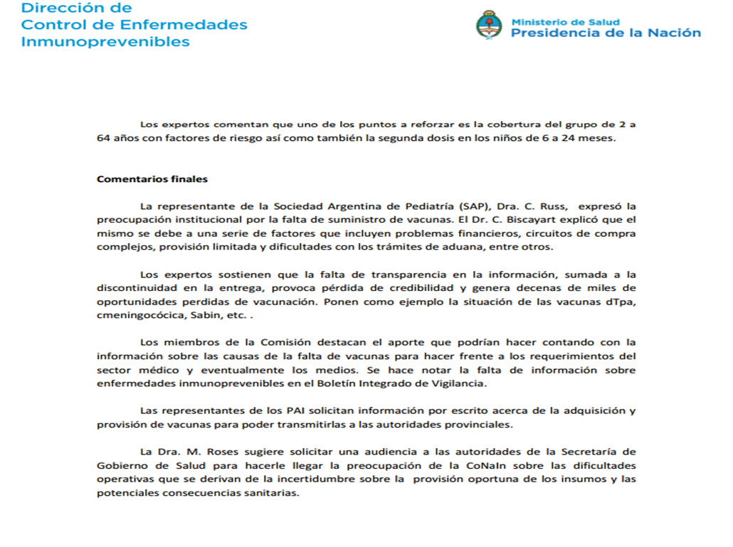 acta de la Comisión Nacional de Inmunizaciones (CoNaIn)
