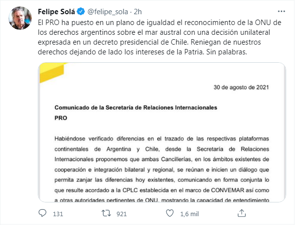 Felipe Solá arremetió con todo contra el PRO por su postura en el conflicto con Chile: ""Reniegan de nuestros derechos dejando de lado los intereses de la Patria", 