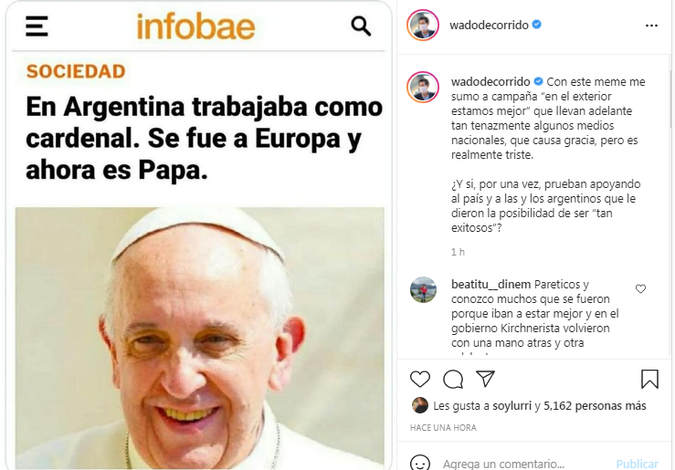 La picante chicana de Wado De Pedro a los medios y su campaña "en el exterior estamos mejor" con una foto del Papa Francisco