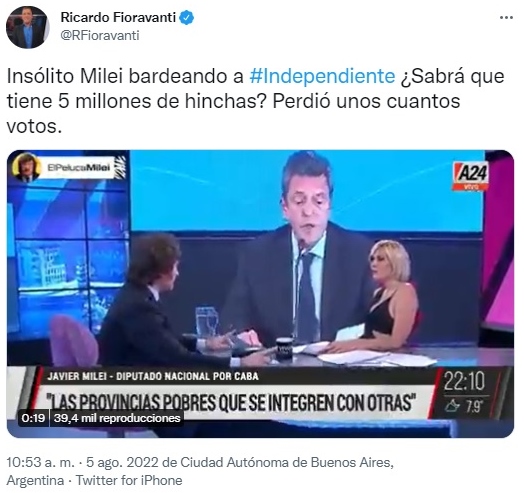 Indignación en Independiente por los dichos de Javier Milei