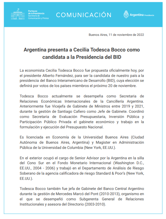 Argentina propuso a Cecilia Todesca para presidir el BID