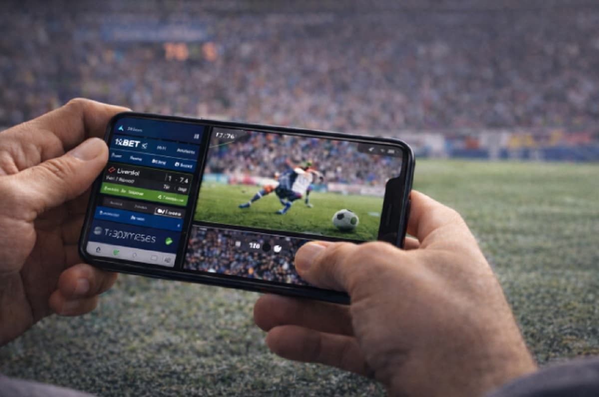 Persona usando una app de apuestas en el celular mientras ve un partido de fútbol en el estadio, con cuotas y transmisión en la pantalla.