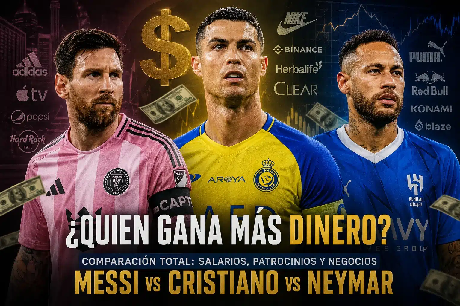 Cristiano Ronaldo, Lionel Messi y Neymar en una comparación sobre quién gana más dinero entre salarios, sponsors y negocios en 2026